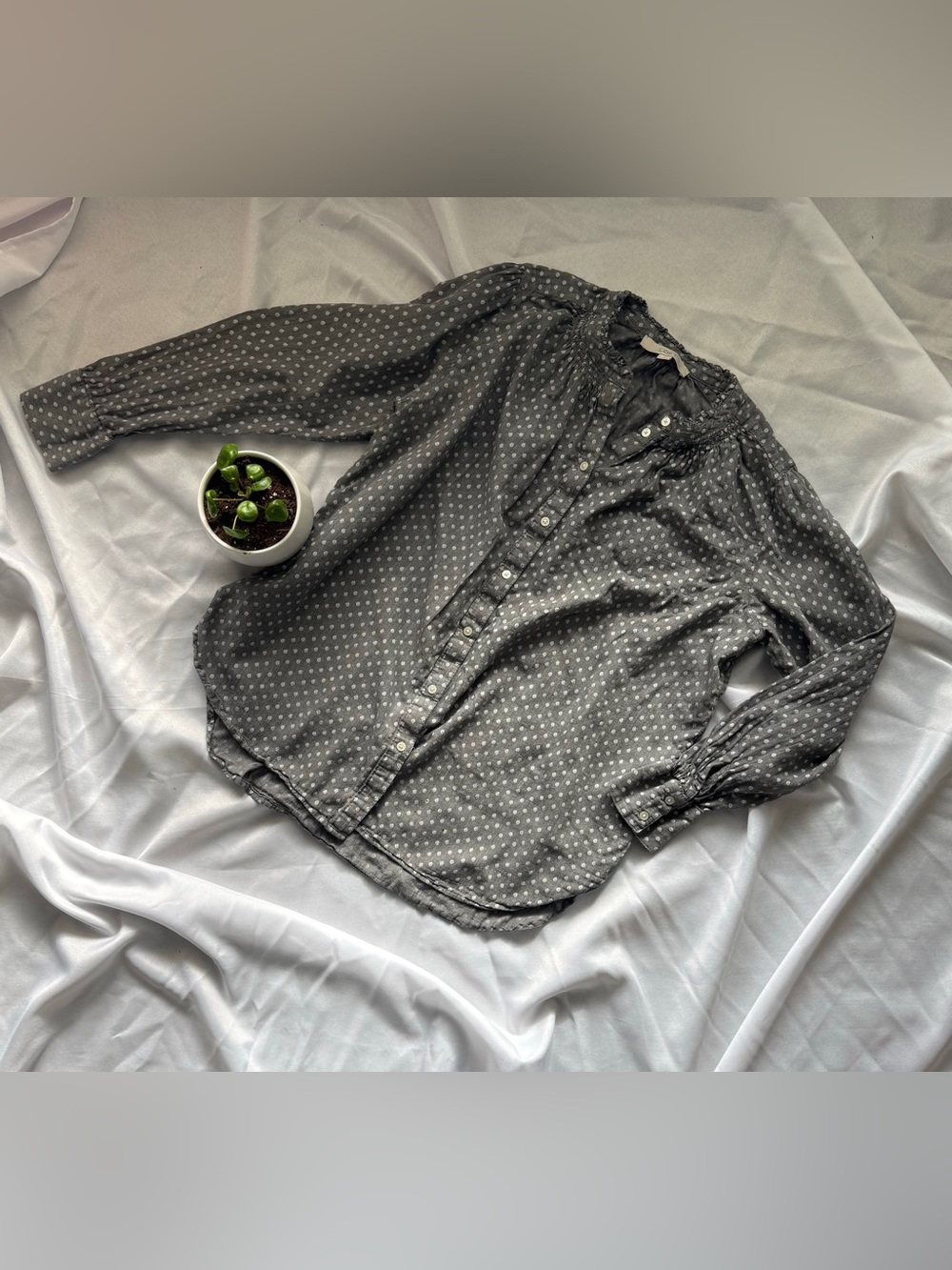 LOFT Gray Polka 100% Cotton Dot Button-Down Shirt